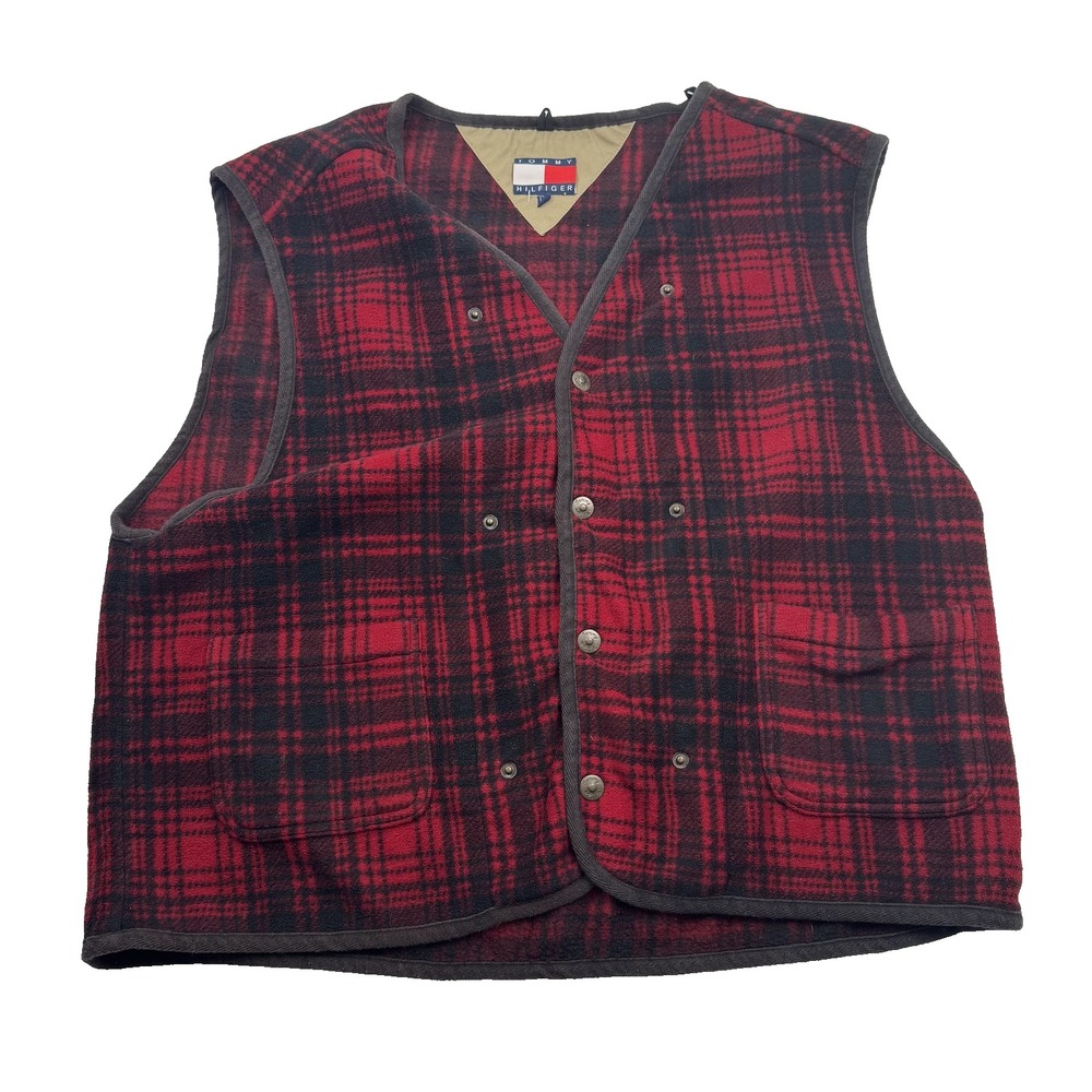 Tommy Hilfiger Vest Mens Large Red Black Wool Blend Plaid Snap Button Outdoors